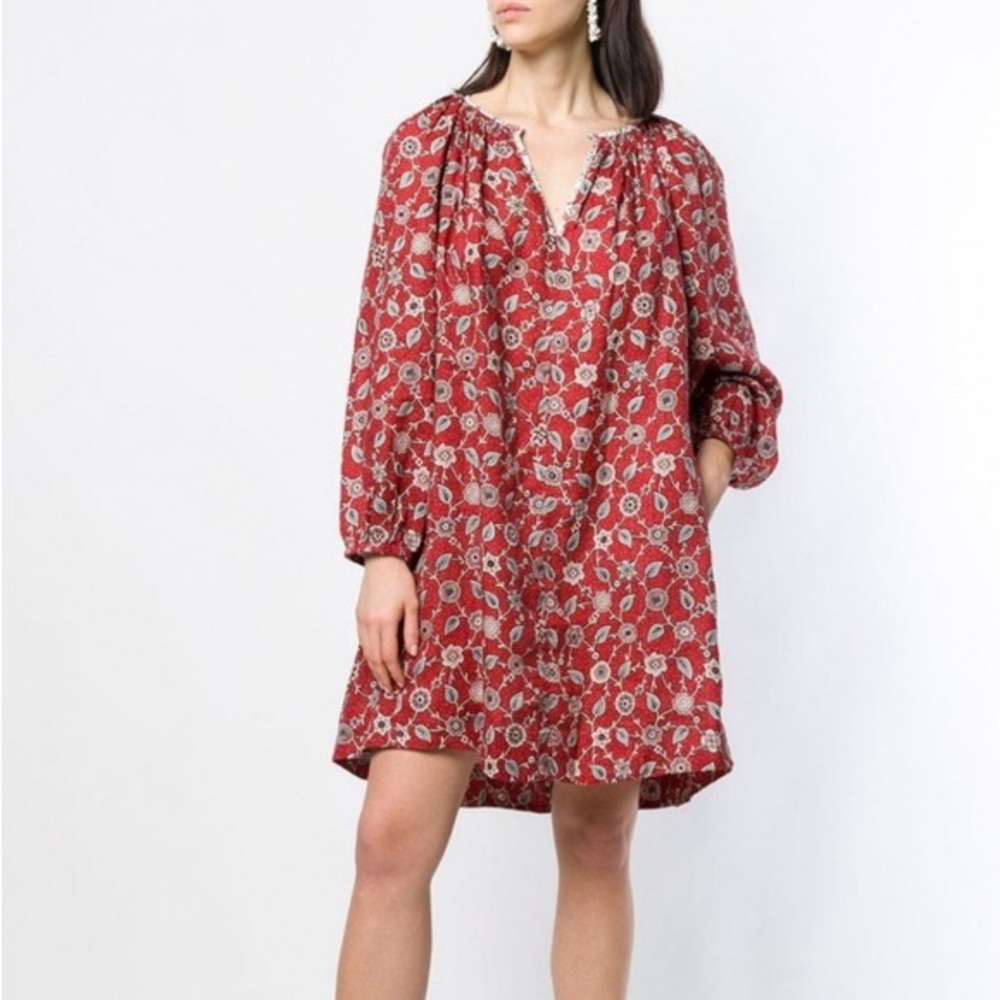 Isabel Marant Etoile Tockya Dress (Sz FR 44) Long Sleeve Linen Floral Rust Red